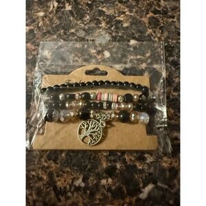 Black Beaded Stretch Bracelet Set Tree of‎ Life Charm Silver Tone 3 Piece Stack